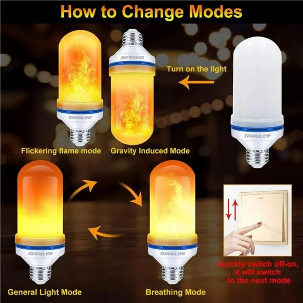 LED Flame Light Bulbs, 4 Modes Fire Light Bulbs, E26  Bulb, (Yellow, 2 Pack)
